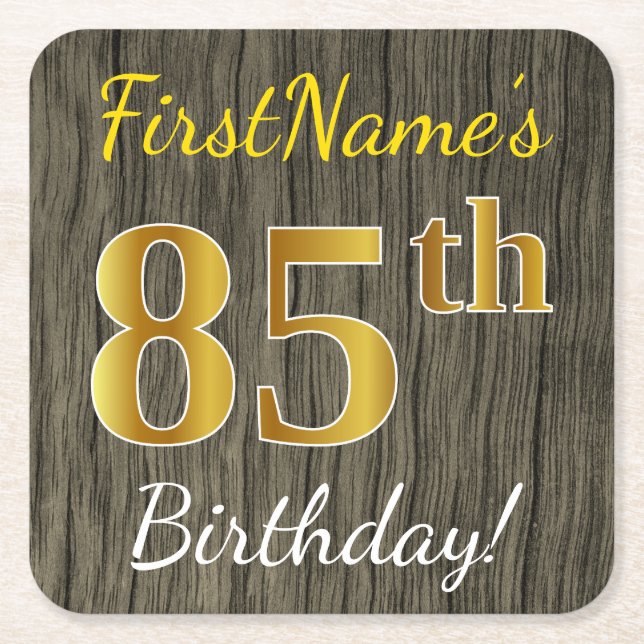 Faux Wood, Faux Gold 85th Birthday + Custom Name Square Paper Coaster (Front)
