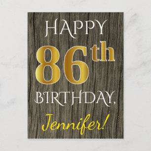 Faux Wood, Faux Gold 86th Birthday + Custom Name Postcard