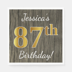 Faux Wood, Faux Gold 87th Birthday + Custom Name Napkin