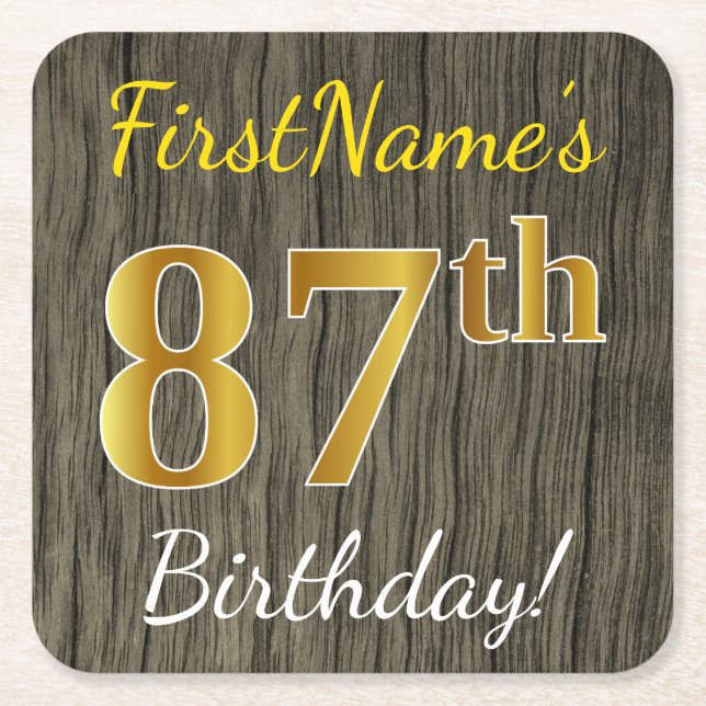 Faux Wood, Faux Gold 87th Birthday + Custom Name Square Paper Coaster (Front)