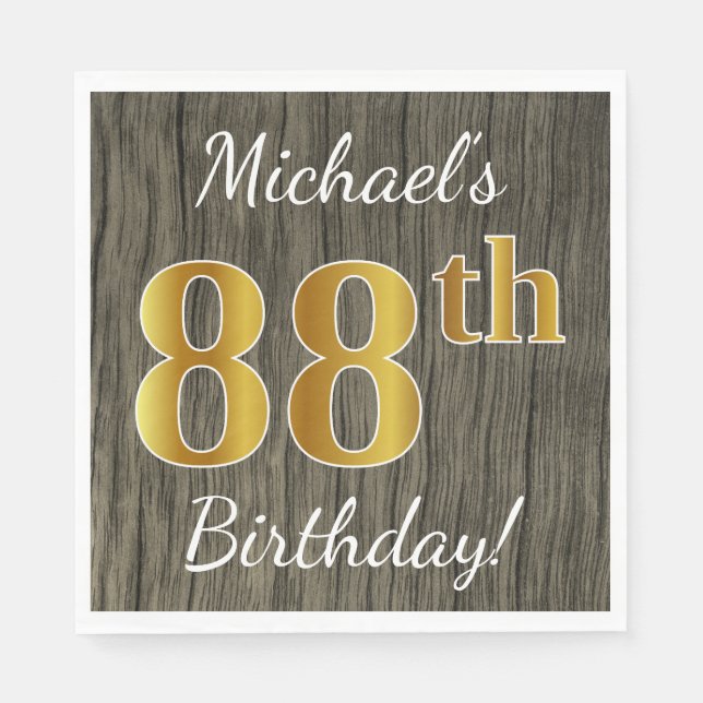Faux Wood, Faux Gold 88th Birthday + Custom Name Napkin (Front)