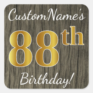 Faux Wood, Faux Gold 88th Birthday + Custom Name Square Sticker