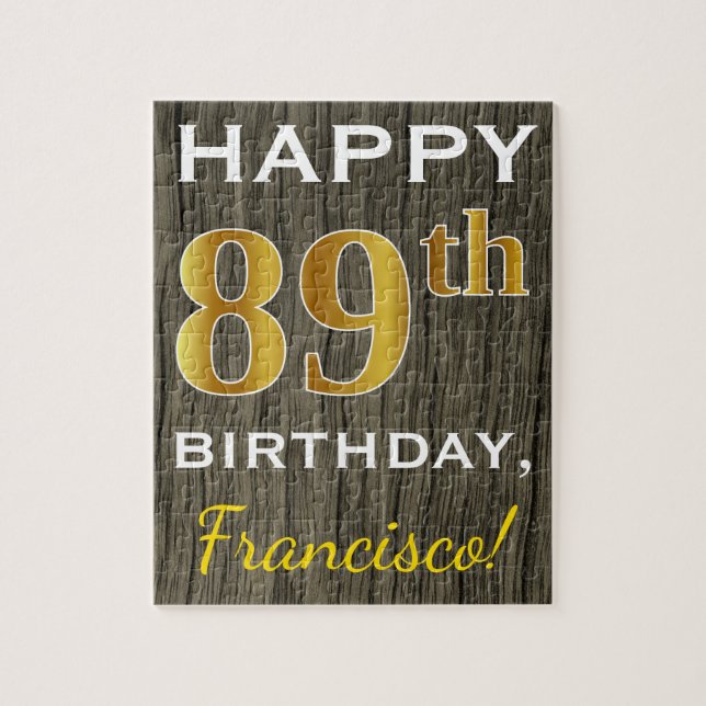 Faux Wood, Faux Gold 89th Birthday + Custom Name Jigsaw Puzzle (Vertical)