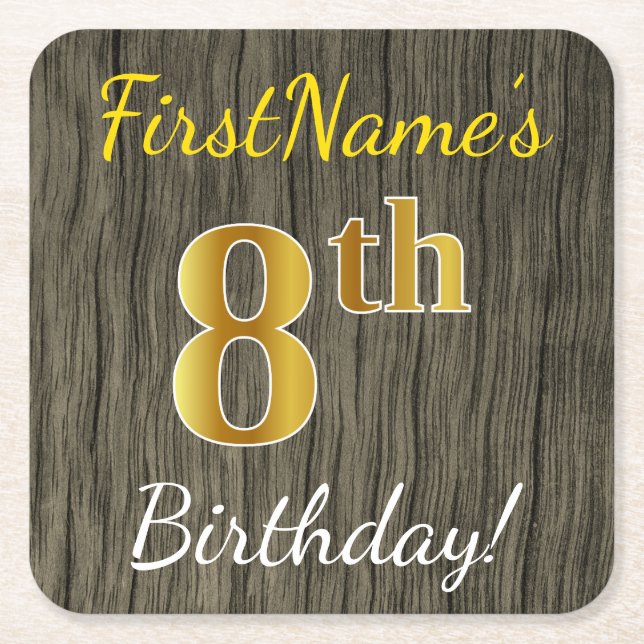 Faux Wood, Faux Gold 8th Birthday + Custom Name Square Paper Coaster (Front)