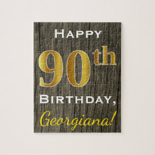 Faux Wood, Faux Gold 90th Birthday + Custom Name Jigsaw Puzzle