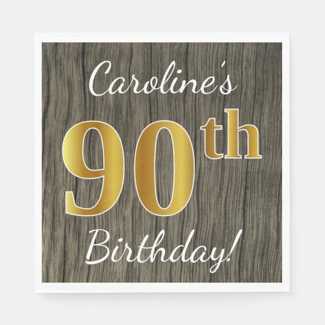 Faux Wood, Faux Gold 90th Birthday + Custom Name Napkin (Front)