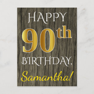 Faux Wood, Faux Gold 90th Birthday + Custom Name Postcard