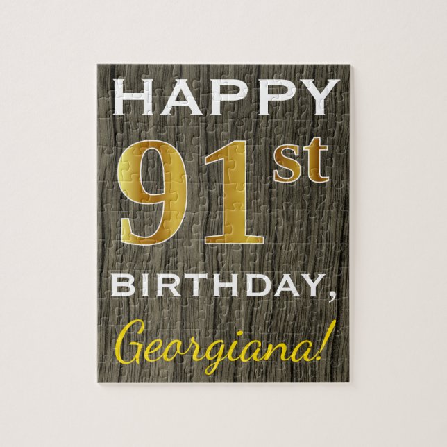Faux Wood, Faux Gold 91st Birthday + Custom Name Jigsaw Puzzle (Vertical)