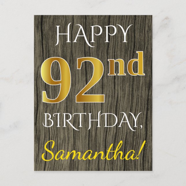 Faux Wood, Faux Gold 92nd Birthday + Custom Name Postcard (Front)
