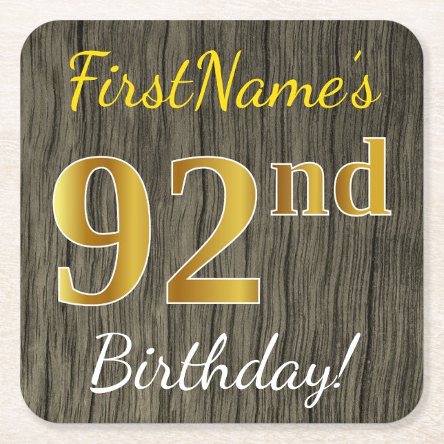 Faux Wood, Faux Gold 92nd Birthday + Custom Name Square Paper Coaster (Front)