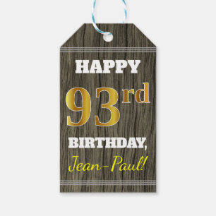 Faux Wood, Faux Gold 93rd Birthday + Custom Name Gift Tags