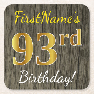 Faux Wood, Faux Gold 93rd Birthday + Custom Name Square Paper Coaster