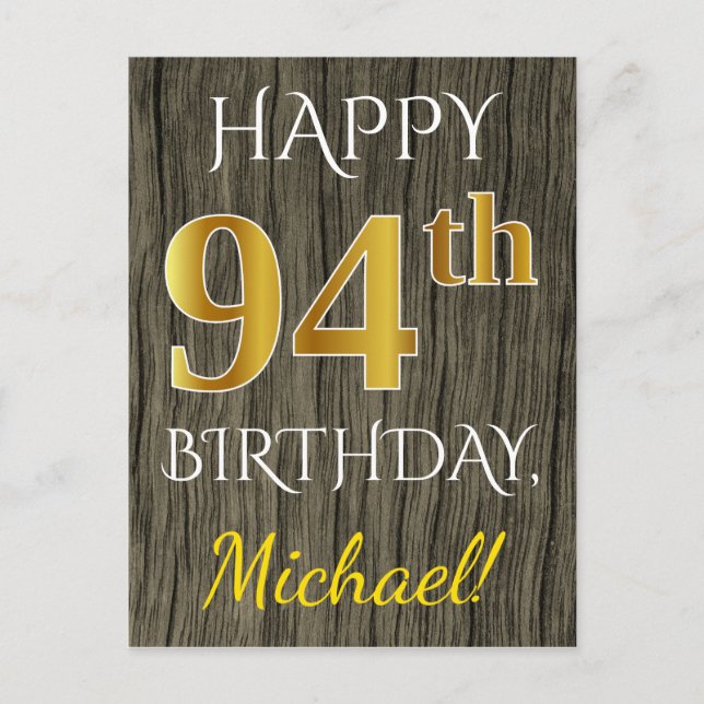 Faux Wood, Faux Gold 94th Birthday + Custom Name Postcard (Front)