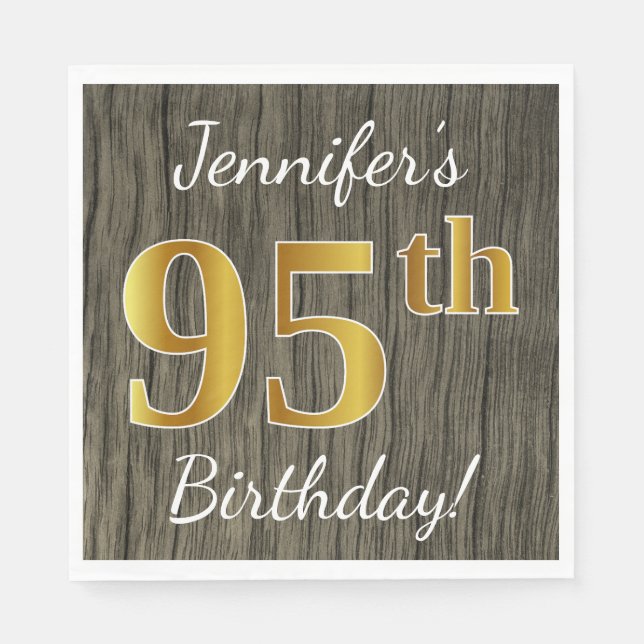 Faux Wood, Faux Gold 95th Birthday + Custom Name Napkin (Front)