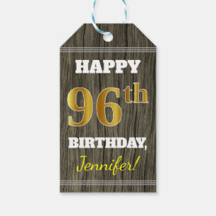 Faux Wood, Faux Gold 96th Birthday + Custom Name Gift Tags