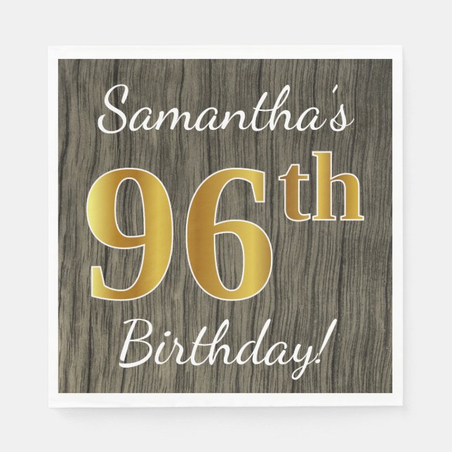 Faux Wood, Faux Gold 96th Birthday + Custom Name Napkin (Front)