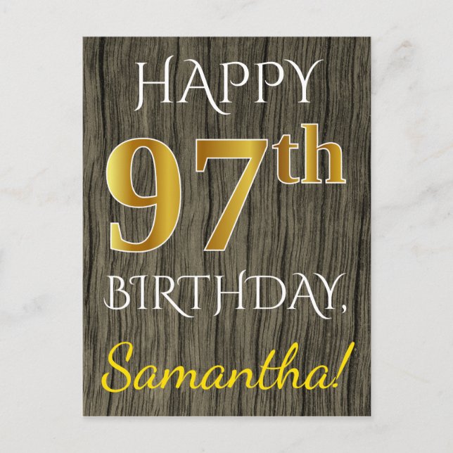 Faux Wood, Faux Gold 97th Birthday + Custom Name Postcard (Front)