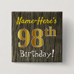 Faux Wood, Faux Gold 98th Birthday + Custom Name 15 Cm Square Badge
