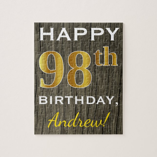 Faux Wood, Faux Gold 98th Birthday + Custom Name Jigsaw Puzzle (Vertical)