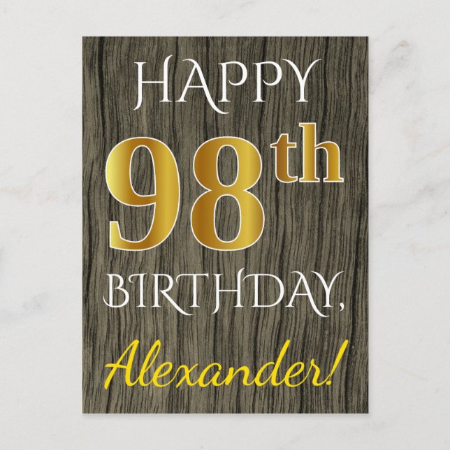 Faux Wood, Faux Gold 98th Birthday + Custom Name Postcard (Front)