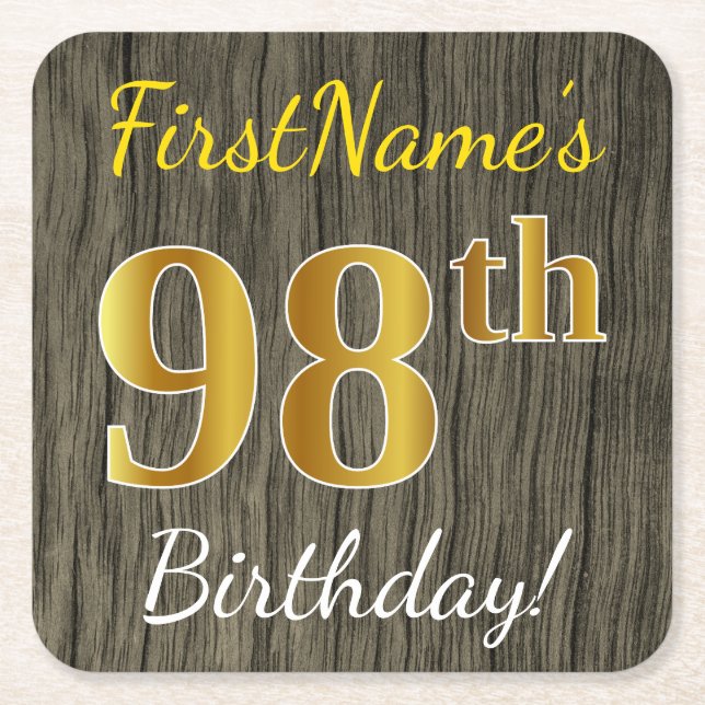 Faux Wood, Faux Gold 98th Birthday + Custom Name Square Paper Coaster (Front)