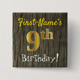Faux Wood, Faux Gold 9th Birthday + Custom Name 15 Cm Square Badge