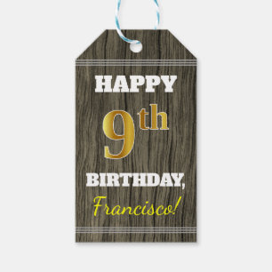 Faux Wood, Faux Gold 9th Birthday + Custom Name Gift Tags