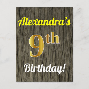 Faux Wood, Faux Gold 9th Birthday & Custom Name Postcard