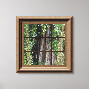 Faux Wood Framed Window View of Trees Canvas Art
