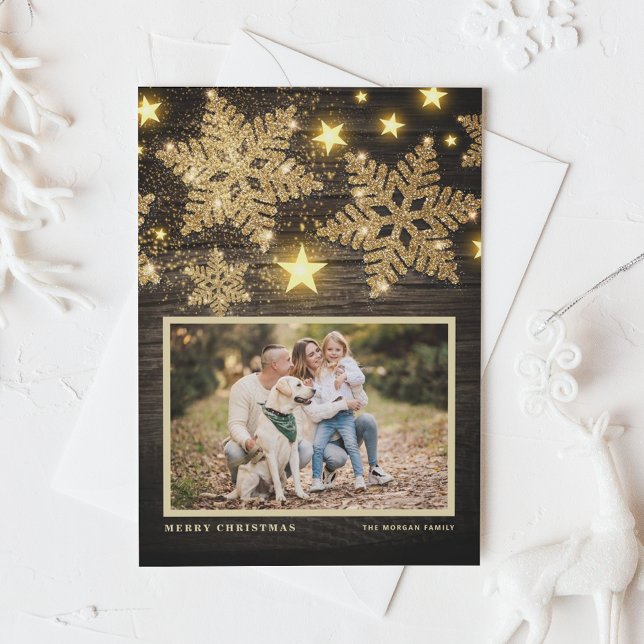 Faux Wood Gold Glitter Snowflakes Photo Christmas Holiday Card (Creator Uploaded)