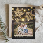 Faux Wood Gold Glitter Snowflakes Photo Christmas Holiday Card<br><div class="desc">Merry Christmas | Send your warm holiday greetings to family and friends with this customisable photo Christmas card. It features gold glitter snowflakes and stars on a faux wood background. Personalise by adding your details. This rustic Christmas card is available on other cardstock. Matching items are available.</div>