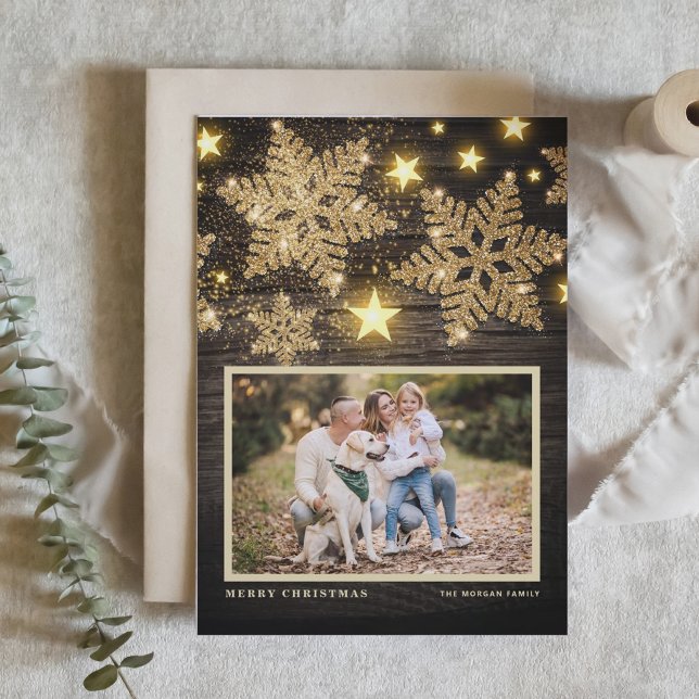 Faux Wood Gold Glitter Snowflakes Photo Christmas Holiday Card (Creator Uploaded)