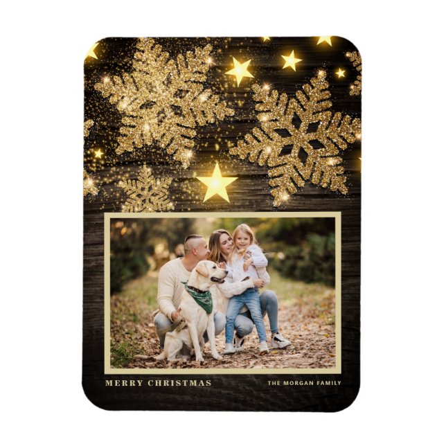 Faux Wood Gold Glitter Snowflakes Photo Christmas Magnet (Vertical)