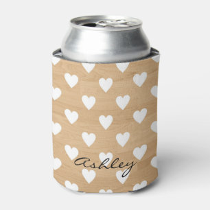 Faux Wood Hearts Pattern Personalised Can Cooler