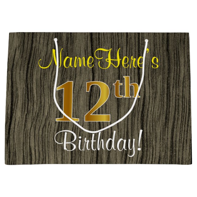Faux Wood Look, Faux Gold 12th Birthday + Name Large Gift Bag (Front)