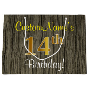 Faux Wood Look, Faux Gold 14th Birthday + Name Large Gift Bag