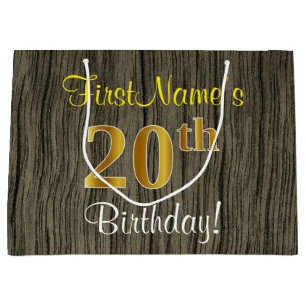 Faux Wood Look, Faux Gold 20th Birthday + Name Large Gift Bag