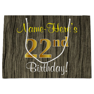 Faux Wood Look, Faux Gold 22nd Birthday + Name Large Gift Bag