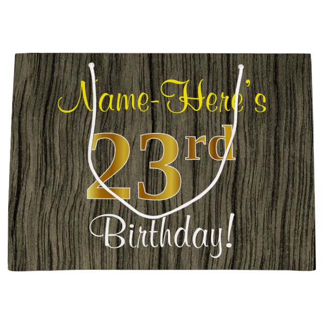 Faux Wood Look, Faux Gold 23rd Birthday + Name Large Gift Bag (Front)