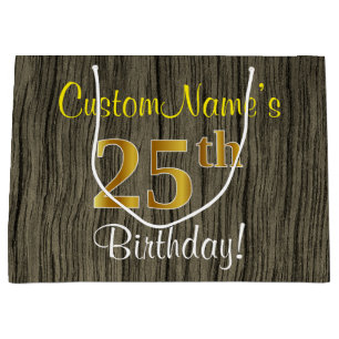 Faux Wood Look, Faux Gold 25th Birthday + Name Large Gift Bag