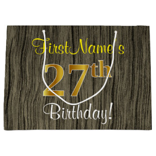 Faux Wood Look, Faux Gold 27th Birthday + Name Large Gift Bag