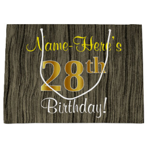 Faux Wood Look, Faux Gold 28th Birthday + Name Large Gift Bag
