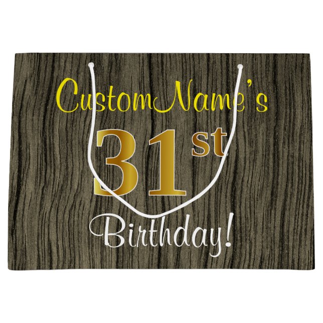 Faux Wood Look, Faux Gold 31st Birthday + Name Large Gift Bag (Front)