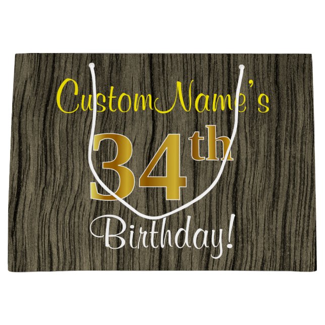 Faux Wood Look, Faux Gold 34th Birthday + Name Large Gift Bag (Front)