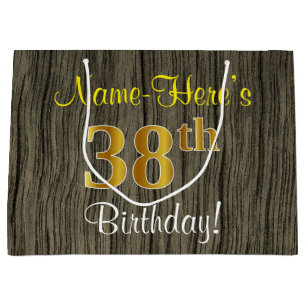 Faux Wood Look, Faux Gold 38th Birthday + Name Large Gift Bag