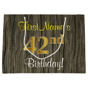 Faux Wood Look, Faux Gold 42nd Birthday + Name Large Gift Bag