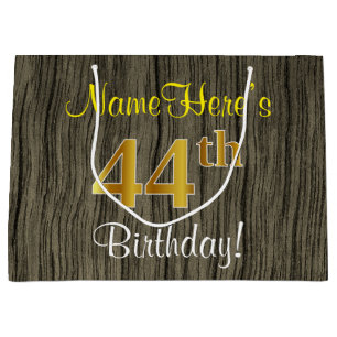 Faux Wood Look, Faux Gold 44th Birthday + Name Large Gift Bag
