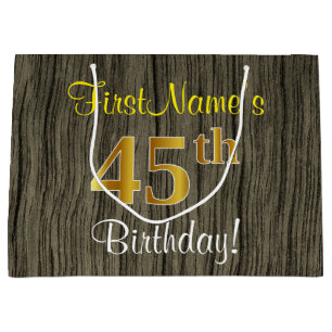 Faux Wood Look, Faux Gold 45th Birthday + Name Large Gift Bag