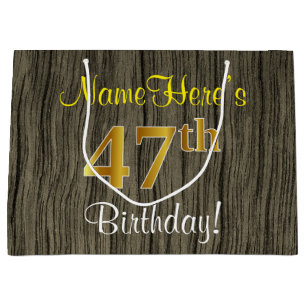 Faux Wood Look, Faux Gold 47th Birthday + Name Large Gift Bag