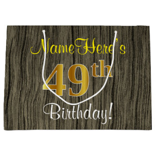 Faux Wood Look, Faux Gold 49th Birthday + Name Large Gift Bag